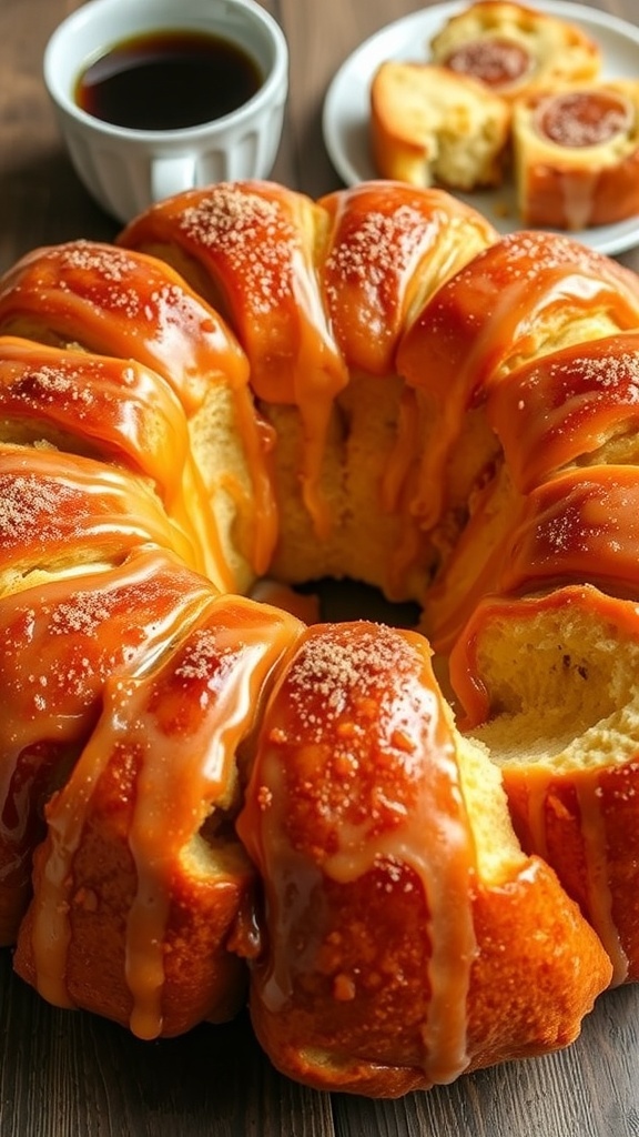 A close-up of gooey biscuit monkey bread with cinnamon sugar, served on a rustic table.